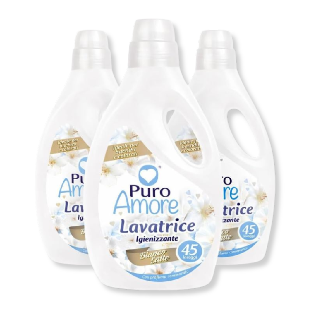 PURO AMORE® DETERSIVO LIQUIDO LAVATRICE IGIENIZZANTE "BIANCO LATTE" PROFUMO INTENSO XXL 45 LAVAGGI