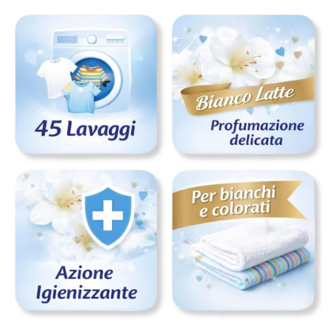 PURO AMORE® DETERSIVO LIQUIDO LAVATRICE IGIENIZZANTE "BIANCO LATTE" PROFUMO INTENSO XXL 45 LAVAGGI