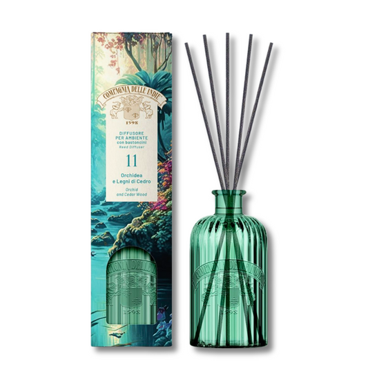 COMPAGNIA DELLE INDIE® Diffusore Ambiente in Vetro Artigianale 11 "Orchidea & Legni di Cedro" 1Litro